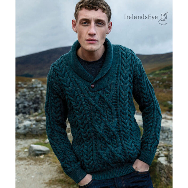 Dair Merino Wool Aran Shawl Collar Sweater, Evergreen Colour